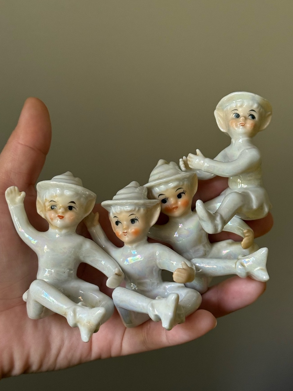 Set of 4 Lefton Pixie Porcelain c1950s Lustreware Taper Candle Huggers Japan